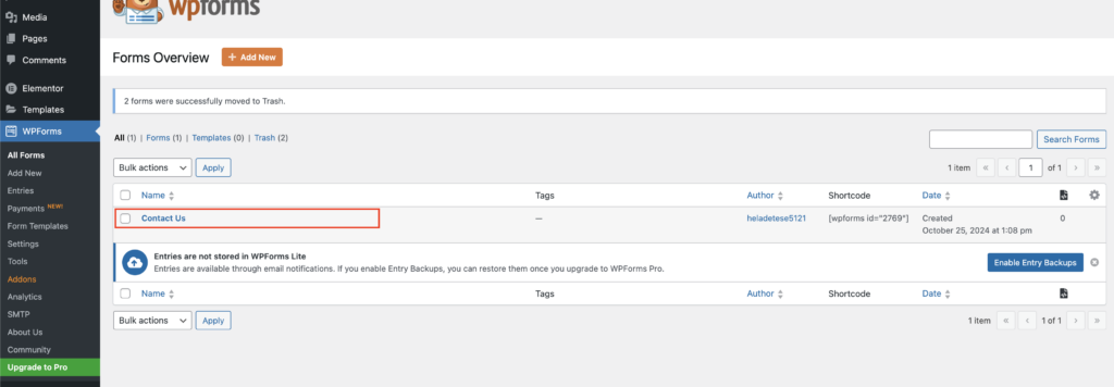 View Contat form in Dashboard